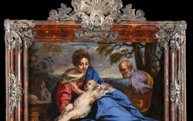 Bolognese School of the Late 17th Century Rest on the Flight into Egypt Oil on canvas 29.8x40.2 cm. In a...