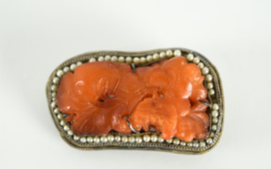 CHINESE CARVED AMBER, SILVER & SEED PEARL BROOCH