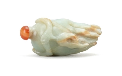 CHINESE PALE GREEN JADE SNUFF BOTTLE In Buddha's hand fruit form. Length 3". Carnelian agate stopper.