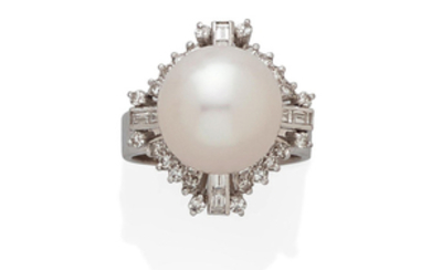 A cultured pearl, diamond and 18k white gold ring