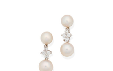 A pair of cultured pearl and diamond earrings,, by Tiffany
