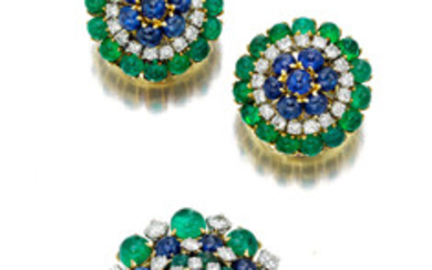 A pair of diamond, emerald and sapphire earrings, with matching brooch,, Bulgari