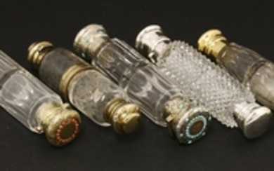 Five Victorian glass double-ended scent bottles