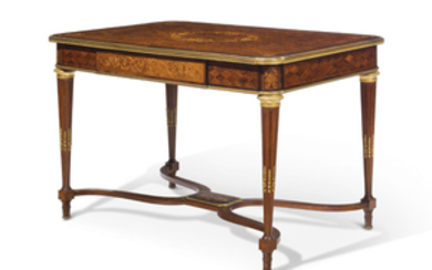 A FRENCH ORMOLU-MOUNTED MAHOGANY, KINGWOOD AND SATINE MARQUETRY BUREAU PLAT, LATE 19TH CENTURY