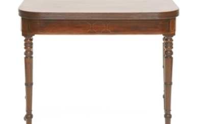 A George III strung mahogany fold-over tea table