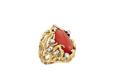 Gold, Oxblood Coral and Diamond Ring