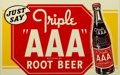 JUST SAY TRIPLE 'AAA' ROOT BEER TIN SIGN WITH BOTTLE