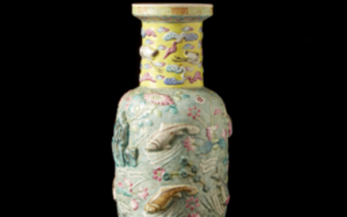 A rouleau Famille Rose vase, decorated in high relief with fish and acquatic plants, with an apocryphal Wanli mark to...