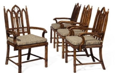 A SET OF FOUR 'GOTHICK REVIVAL' BEECH AND BAMBOO ARMCHAIRS, 20TH CENTURY