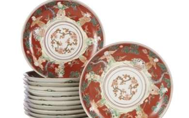 A set of twelve Japanese enameled porcelain orange ground...