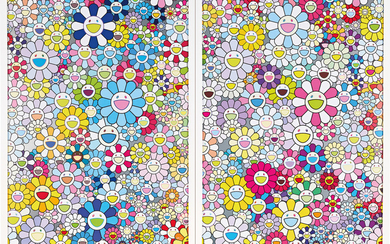 Takashi Murakami, Two Works: (i) Champagne Supernova: Blue; (ii) Champagne Supernova: Multicolour + Pink and White Stripes