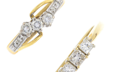 Two gold diamond three-stone rings.