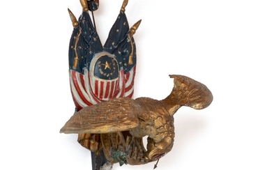 VERY RARE CAST AND POLYCHROME PAINT-DECORATED ZINC SPREAD-WINGED AMERICANA EAGLE WITH PATRIOTIC THEME, CIRCA 1880