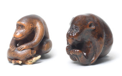 Two wood netsuke of monkeys