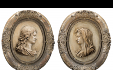 19th-century art "Christ and the Virgin" a pair of marble high relief (cm 42x33) framed (defects)