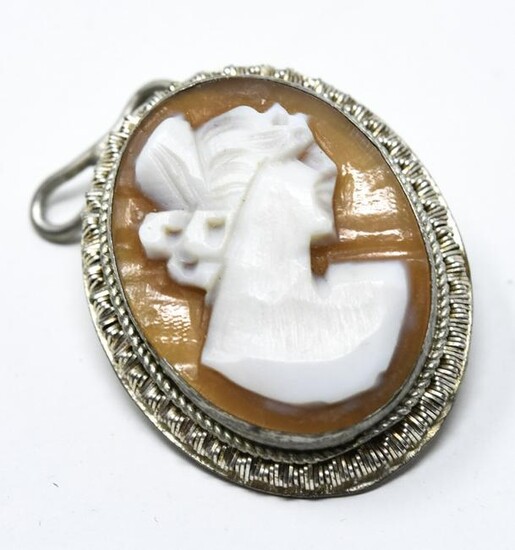 800 Silver Carved Cameo Necklace Pendant or Pin