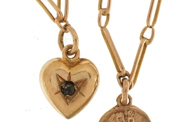 9ct gold long link necklace with a 9ct gold love heart penda...