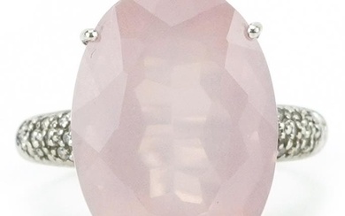 9ct white gold pink quartz ring with diamond set shoulders, ...