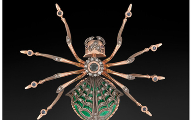 A 14K Gold, Silver, Guilloché Enamel, Sapphire and Diamond-Mounted Spider Brooch in the Manner of Fabergé (late 20th century)
