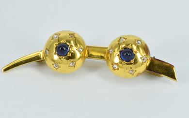 A 14ct GOLD SAPPHIRE AND DIAMOND GYPSY BROOCH