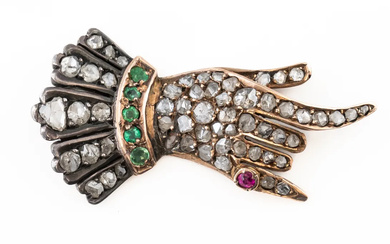 A 19TH CENTURY DIAMOND, RUBY AND EMERALD HAND