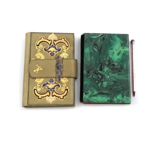 A 19th century French aide memoire, rectangular form, with painted green decoration under glass to simulate malachite, the silk lined interior with a pencil and wallet compartment, length 9.5cm, plus a 19th century tooled leather aide memoire, with...