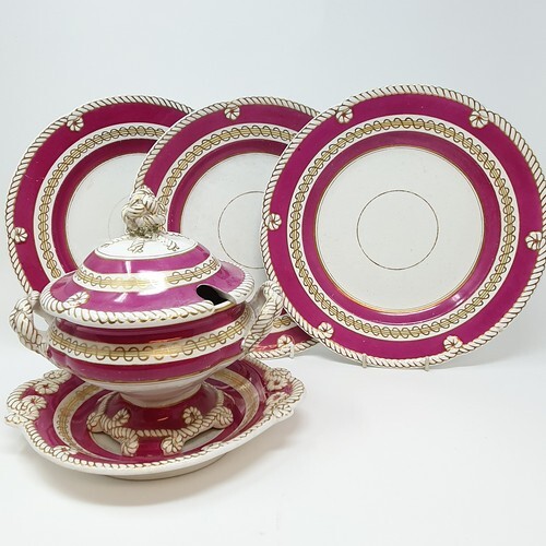 A 19th century part dinner service, with a rope border, puce...