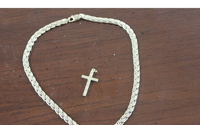 A 9ct gold flat-link necklace 43cm, and a 9ct gold cross pen...