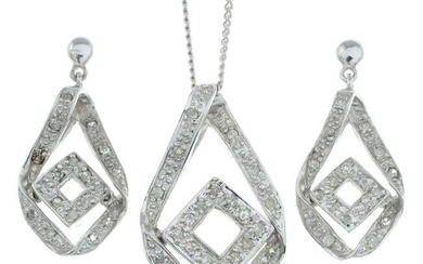 A 9ct gold single-cut diamond jewellery set, to include a pair of earrings, together with a pendant and chain.