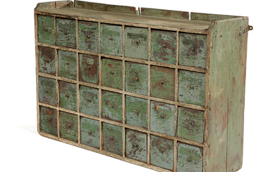 A BANK OF PAINTED PINE APOTHECARY DRAWERS