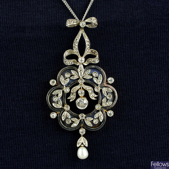 A Belle Époque platinum and gold, vari-cut diamond, pearl and enamel pendant.