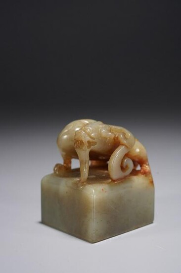 A CHINESE CELADON JADE MYTHICAL BEAST SEAL