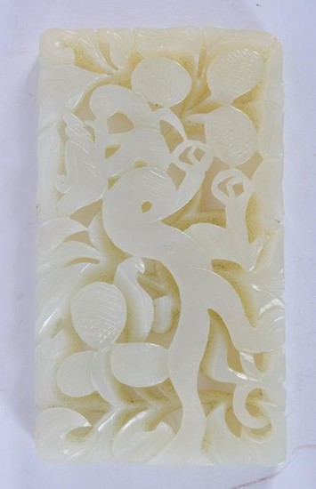 A CHINESE WHITE JADE PLAQUE, carved with a mythical
