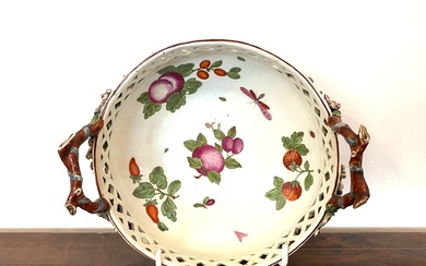 A Chelsea Porcelain Two Handled Pot Pourri Bowl, Decorated with Fruits, Flowers and Insects, Red Anchor Mark, Handles in the form of Tree Branches