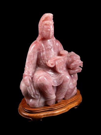 A Chinese Carved Rose Quartz Figure of Guanyin Height