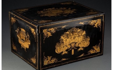 A Chinese Lacquered and Gilt Tea Caddy with Inse