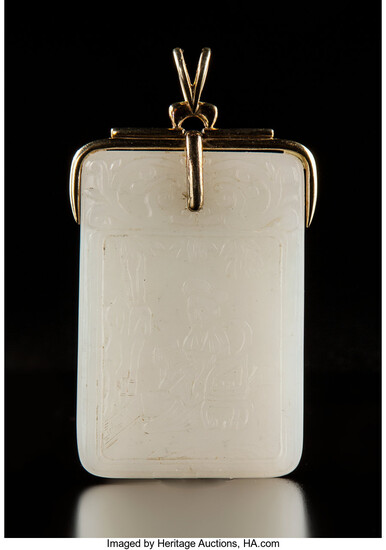 A Chinese White Jade and 14K Gold Plaque Pendant (18th-19th century)