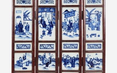 A Chinese blue and white four-panel porcelain screen 中国青花瓷四开屏风