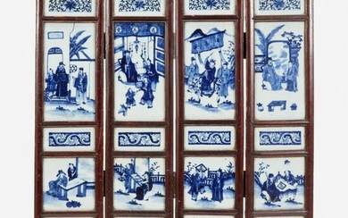 A Chinese blue and white four-panel porcelain screen