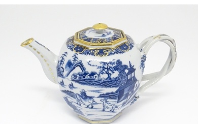 A Chinese export blue and white teapot decorated with figure...