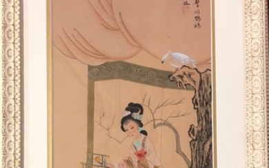 A Chinese framed watercolour on silk of a young lady, framed size 62 x 37.5cm.