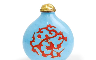 A Chinese painted enamel cinnabar-red and turquoise 'dragons' snuff bottle 20th century...