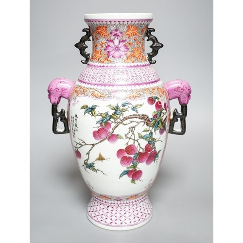 A Chinese porcelain famille rose two handled vase, Hongxian ...