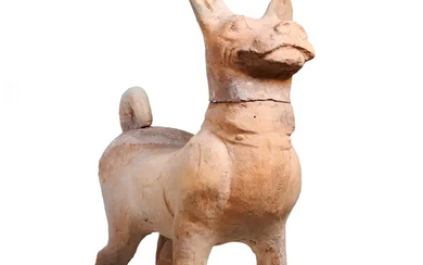 A Chinese pottery figure of a hound Tang dynasty Modelled standing four...