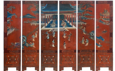 A Chinese six-fold lacquered chamber screen, late 19thC/20thC, Dimensions of one panel 183,3 x 40,5 cm