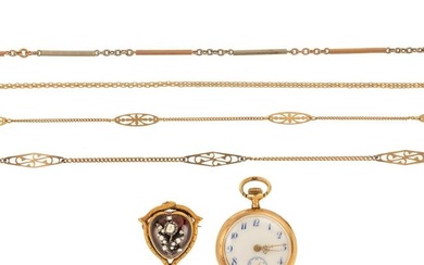 A Collection of Gold Chains, Brooch & Watch