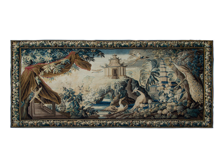 A Continental Wool Tapestry Depicting Exotic Birds in a Landscape with a Pagoda