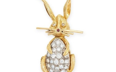 A DIAMOND AND RUBY RABBIT BROOCH in yellow gold