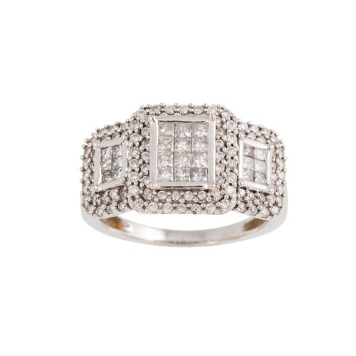 A DIAMOND TRIPLE CLUSTER RING, of square form, set with prin...