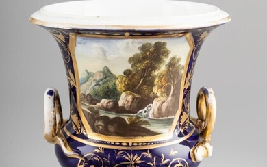 A Derby campana form vase with gilt snake handles, the blue ground reserved with a painted named view Near Geneva, 6 3/4 in. (17.15 cm.) h.